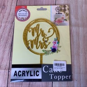 Cake Topper Mr&Mrs Acrylic Gold Sparkle Circle Flowers New